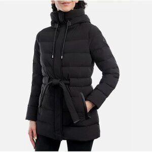 Michael Kors Belted Hooded Puffer Coat Black Leather Trim Size Large Ultra Light